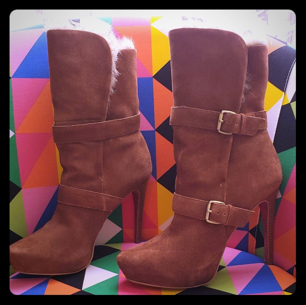 Brown suede stiletto faux fur boots